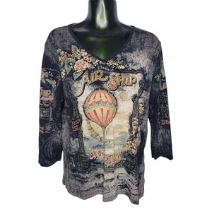 Y2K Vintage Air Balloon Bedazzled Euro Style Graphic Print Long Sleeve Top Large